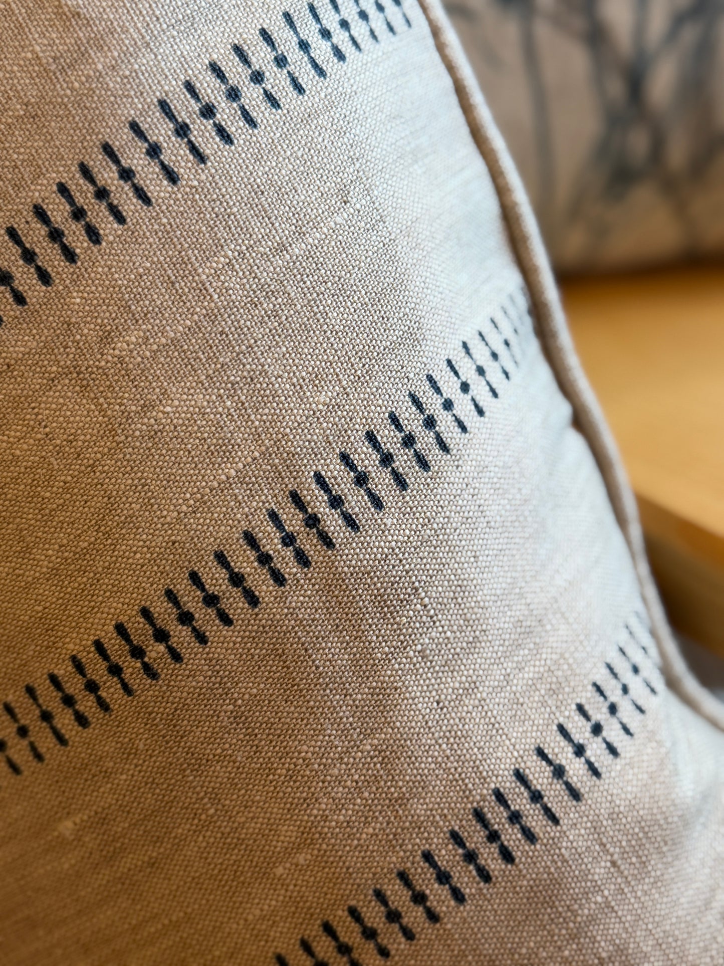 Square Cushion - Grasses in Woad & Slate - K-Stripe Back & Piped