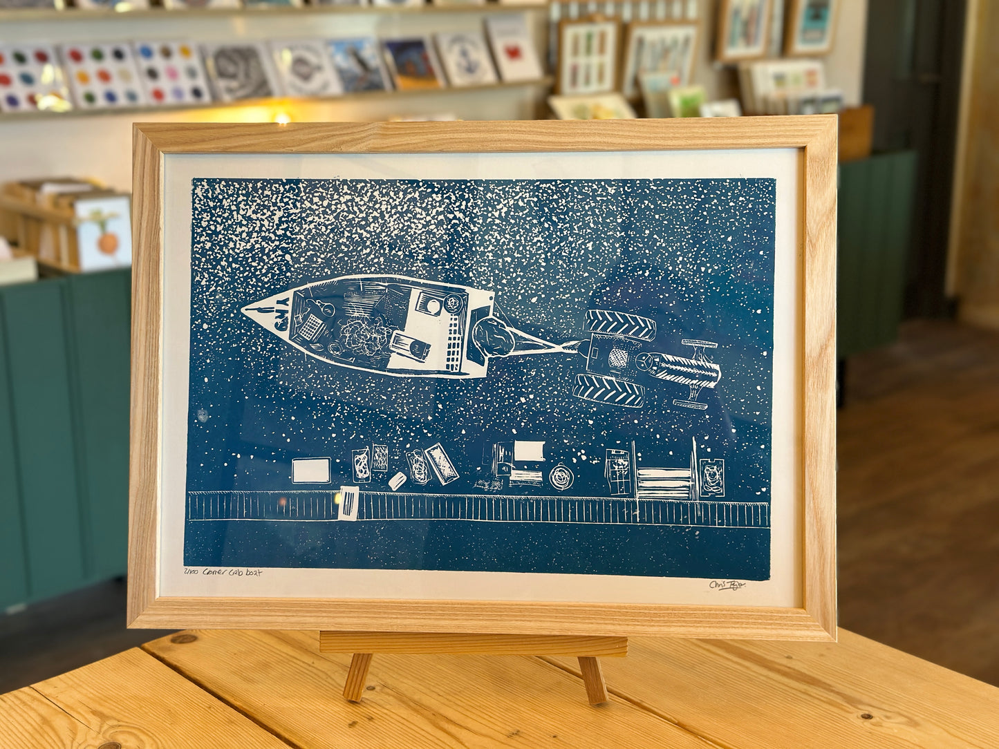 Cromer crab boat - linocut print in blue - A3 - signed, limited edition
