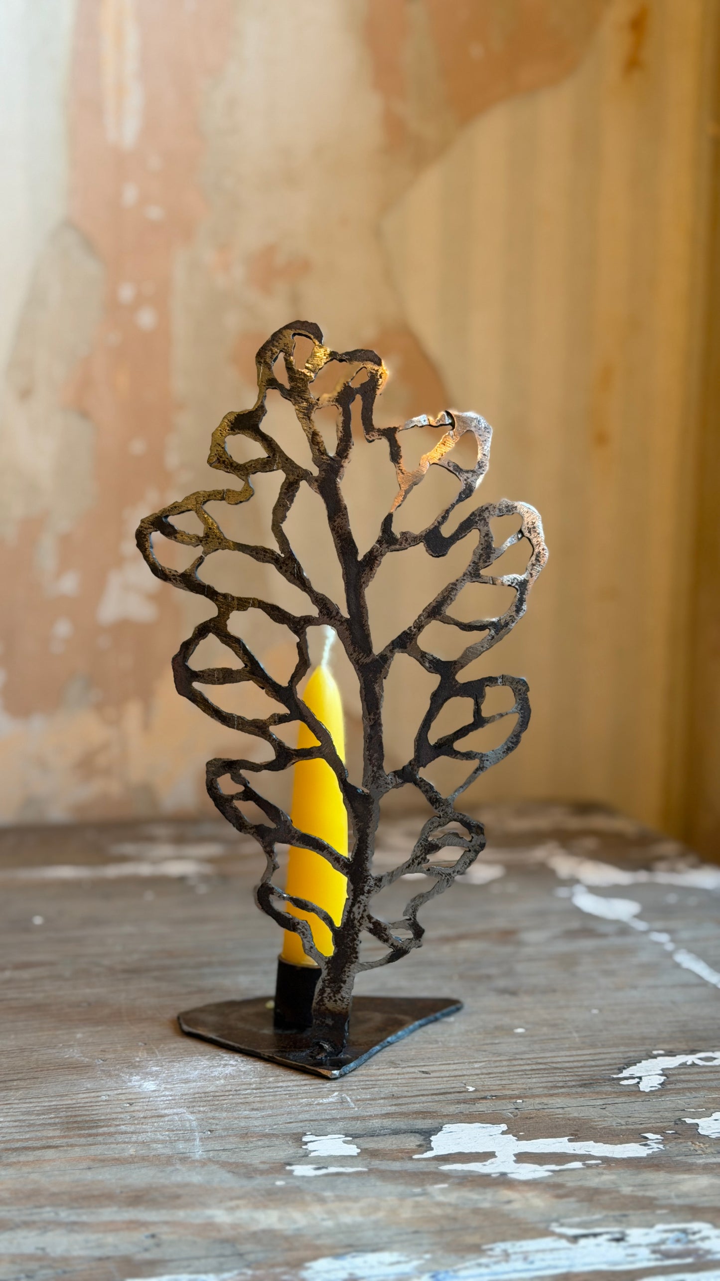 Medium Steel Oak Leaf Candle Holder