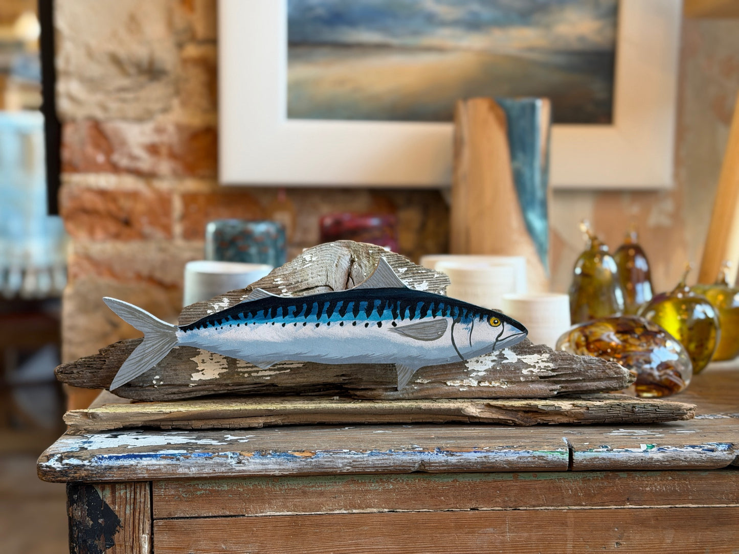 Painted mackerel & driftwood bookends/shelf ornaments