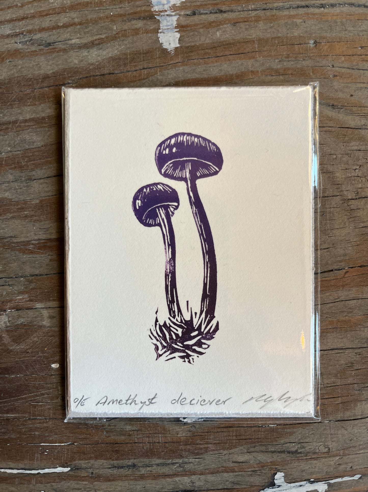 Amethyst Deceiver Mushroom Linocut Print