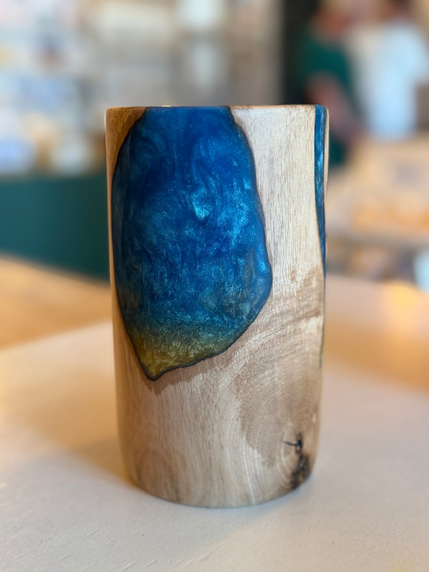 Beech Wood and Blue Resin Vase