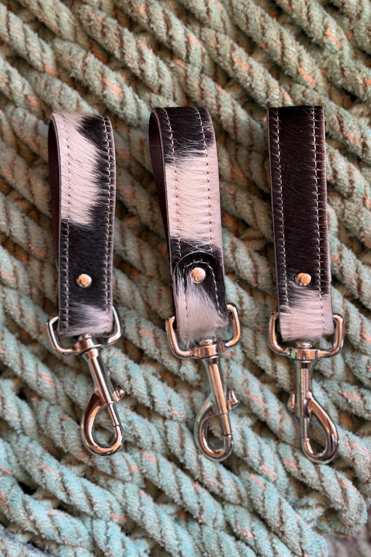 Handmade Hair on Cowhide Leather Keyrings & Belt Loops