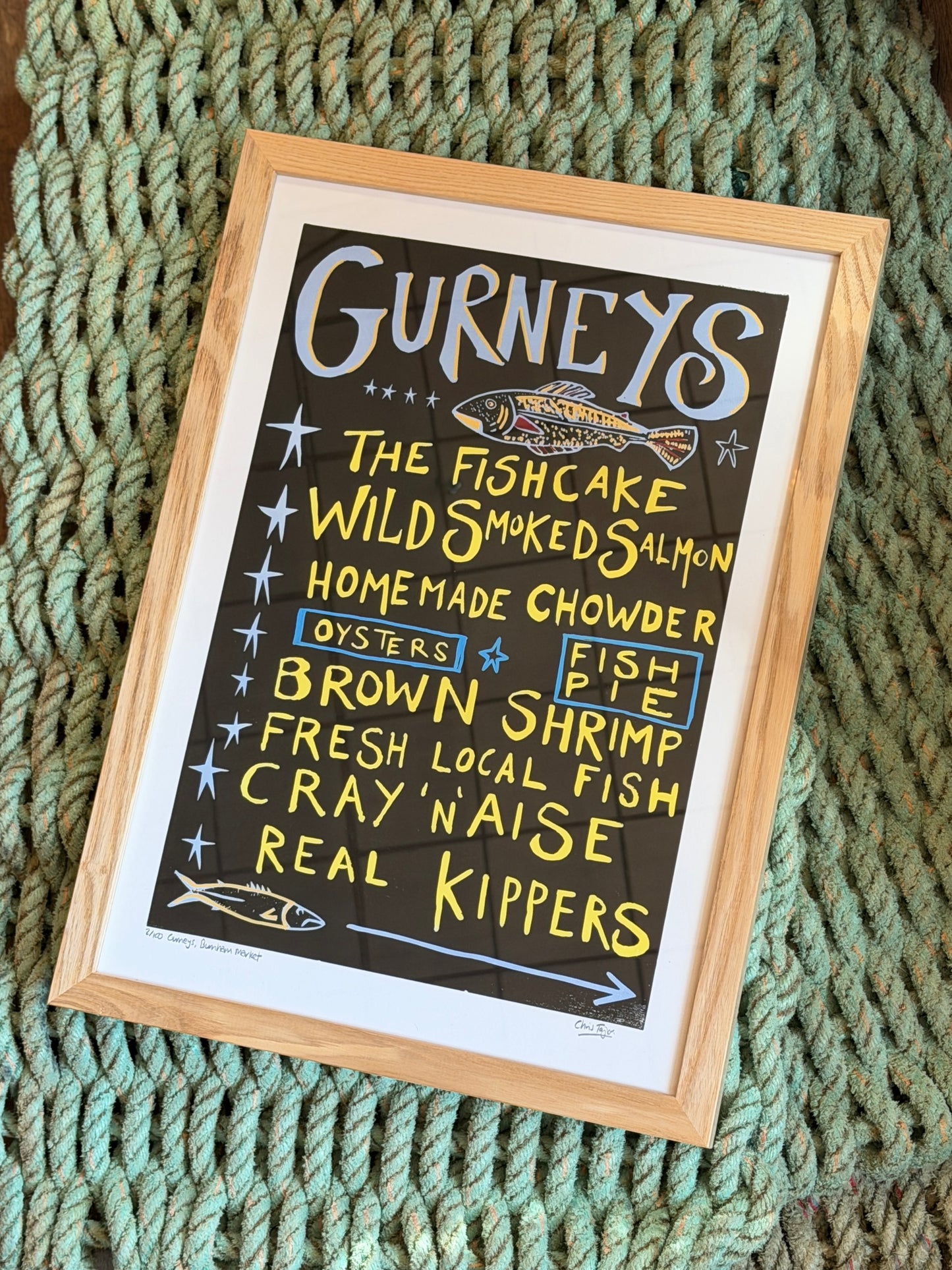 Gurneys Fish Shop sign A3 - handprinted linocut
