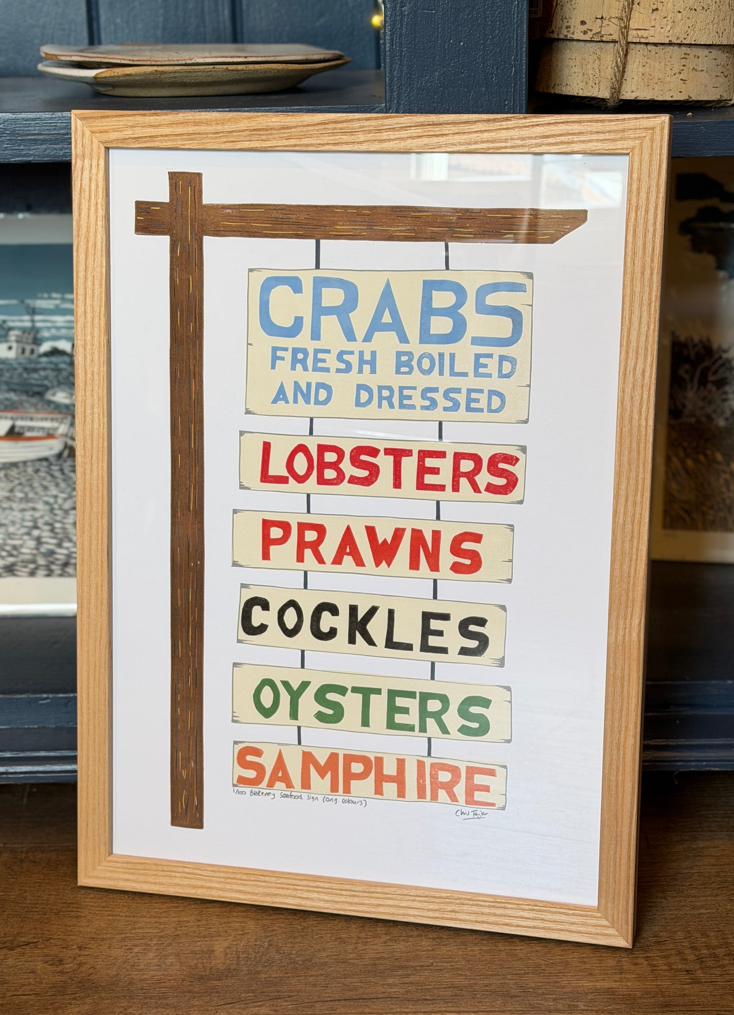 Blakeney seafood sign A3 - handprinted linocut