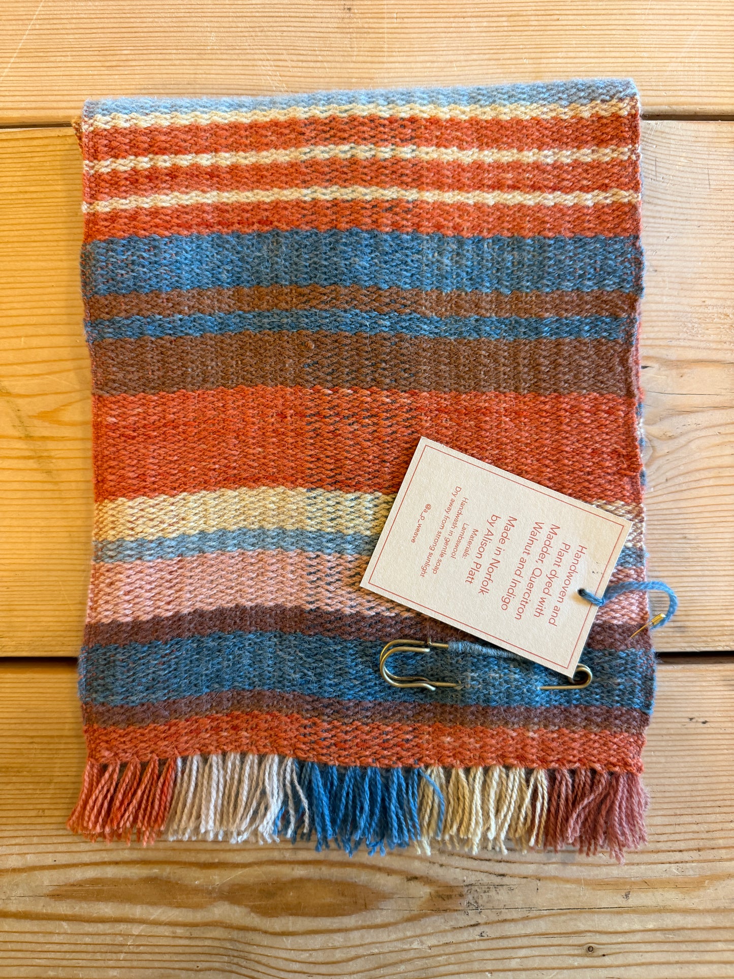 Handwoven Lambswool, Plant Dyed Scarf With Pin.