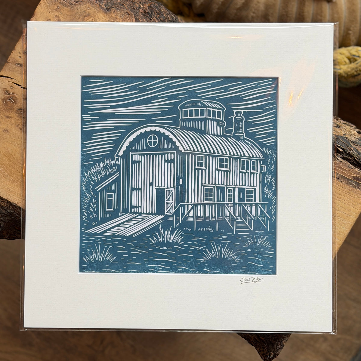 Blakeney Point Boathouse linocut print - square