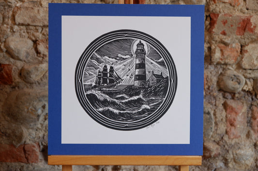 Round Lighthouse Lino Print