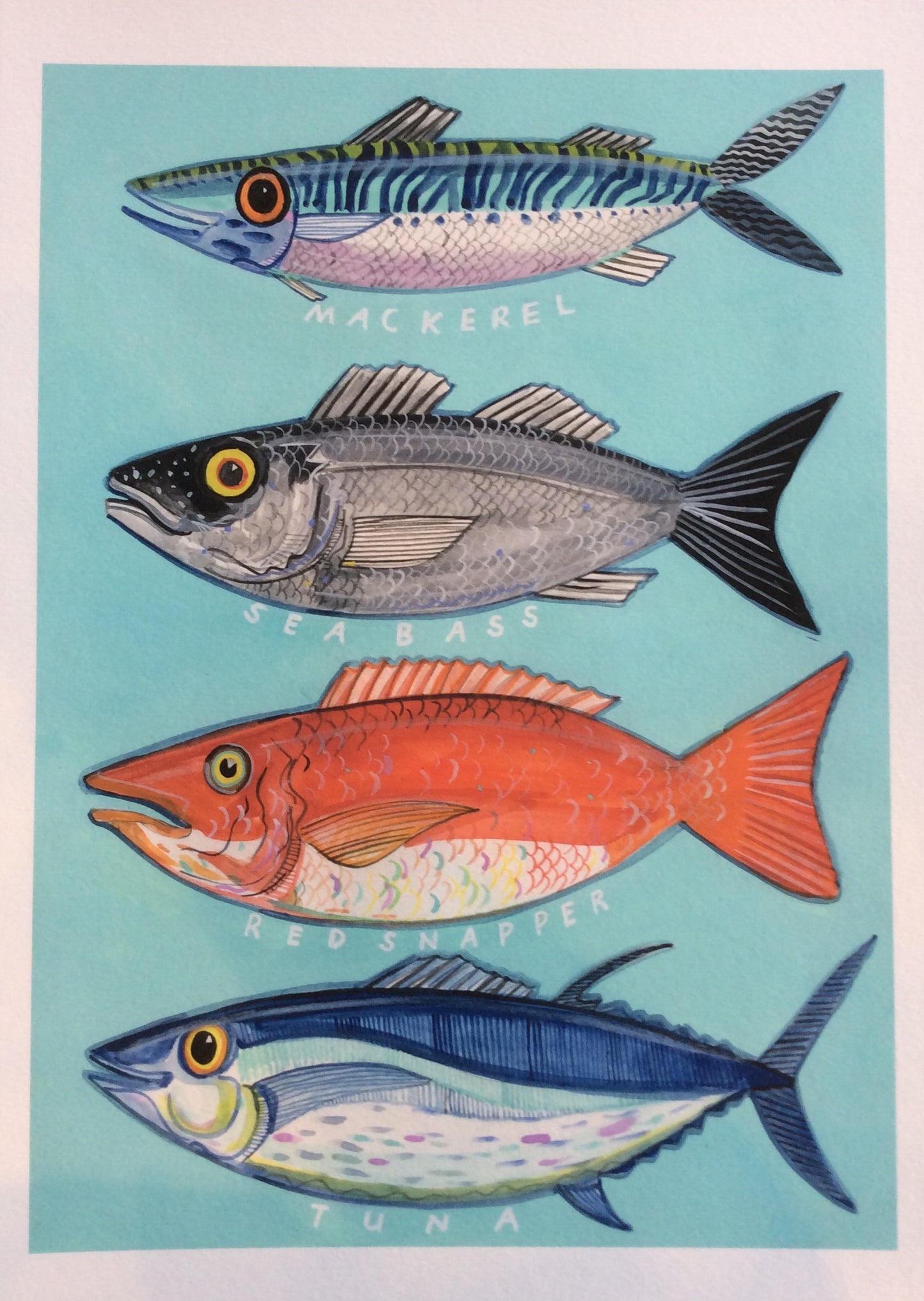 Four Fish Turquoise Giclee Print