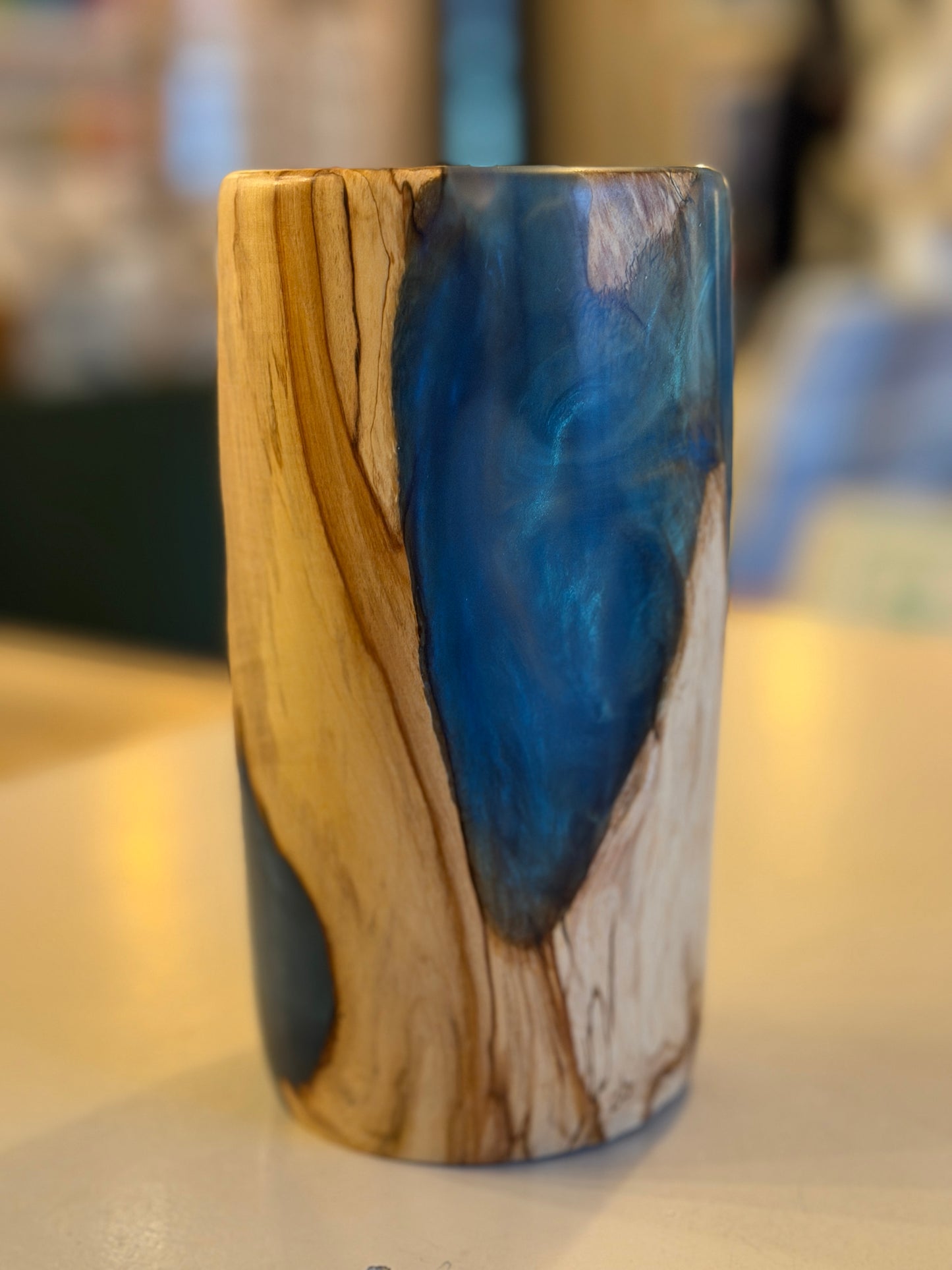 Spalted Beech Wood & Blue Resin Vase 2