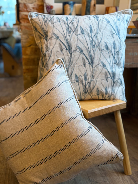 Square Cushion - Grasses in Woad & Slate - K-Stripe Back & Piped