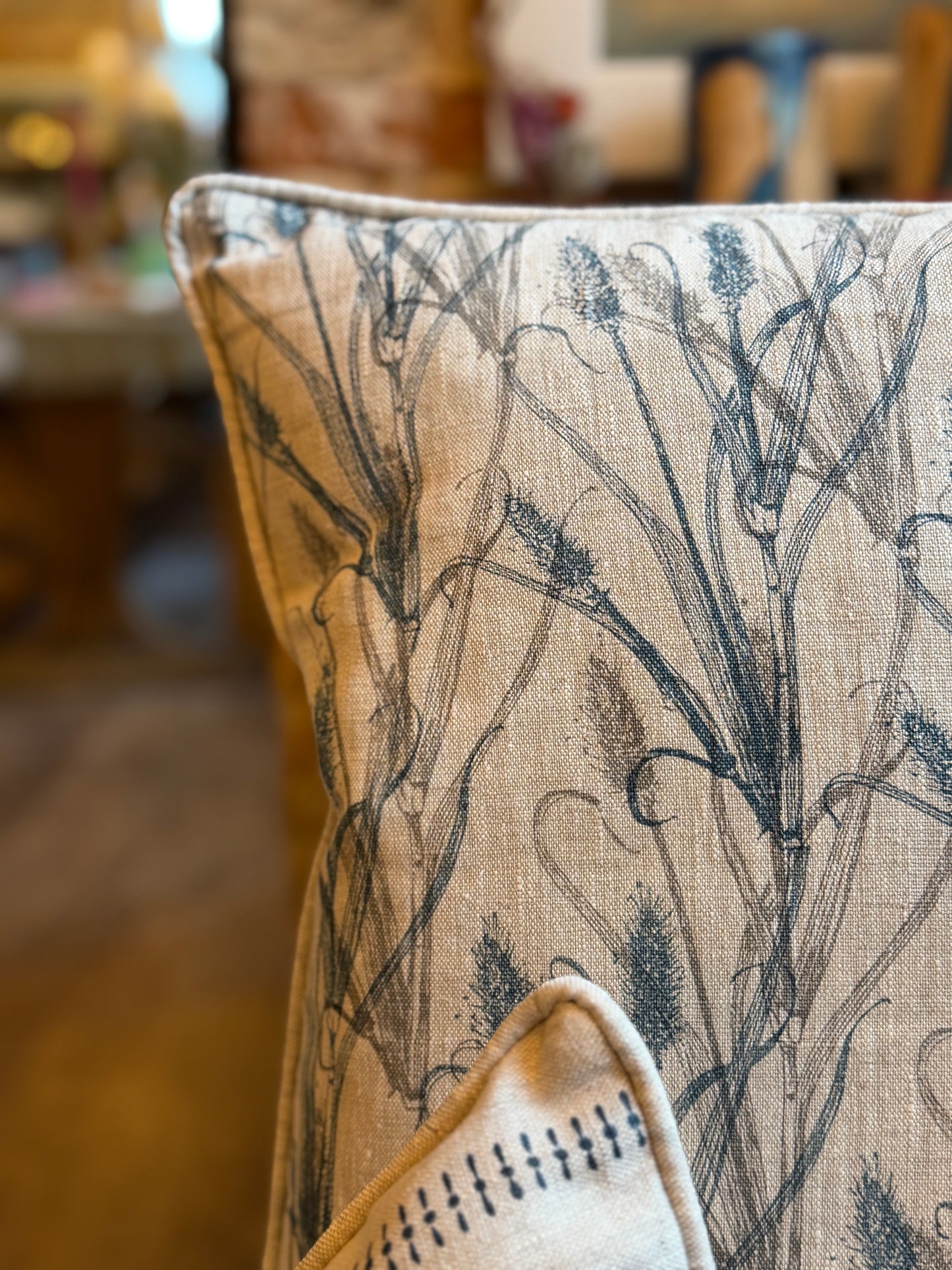 Square Cushion - Grasses in Woad & Slate - K-Stripe Back & Piped