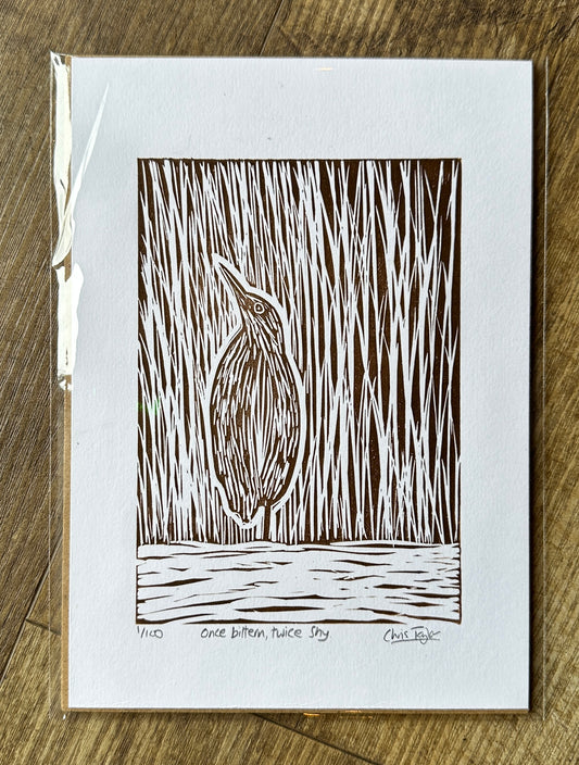 'Once bittern, twice shy', mini linocut print (A5)