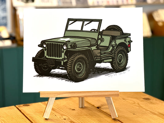 Willys Jeep - four colour reduction-cut linocut print