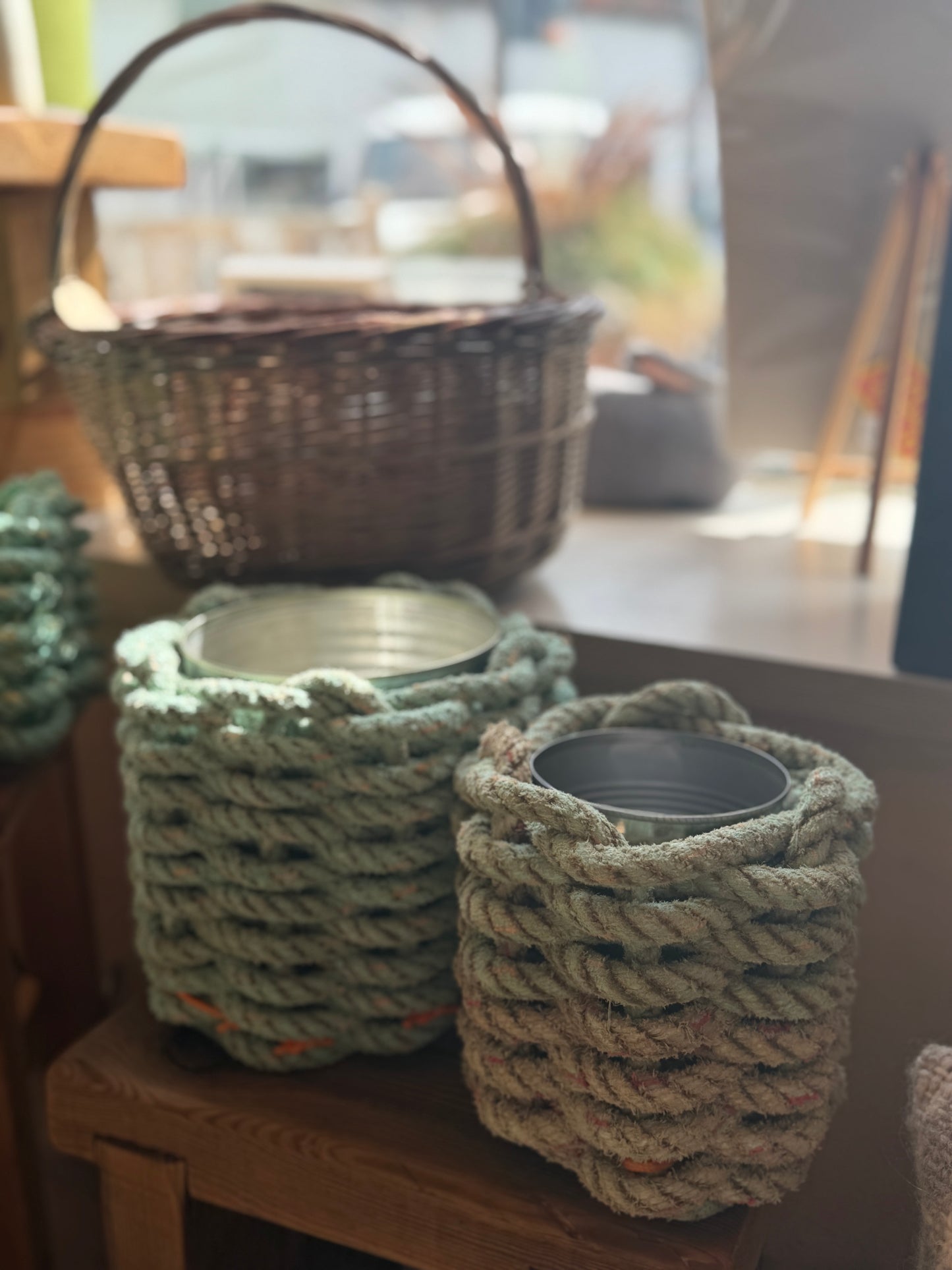 Hand-woven upcycled crab pot rope plant pot/utensil baskets