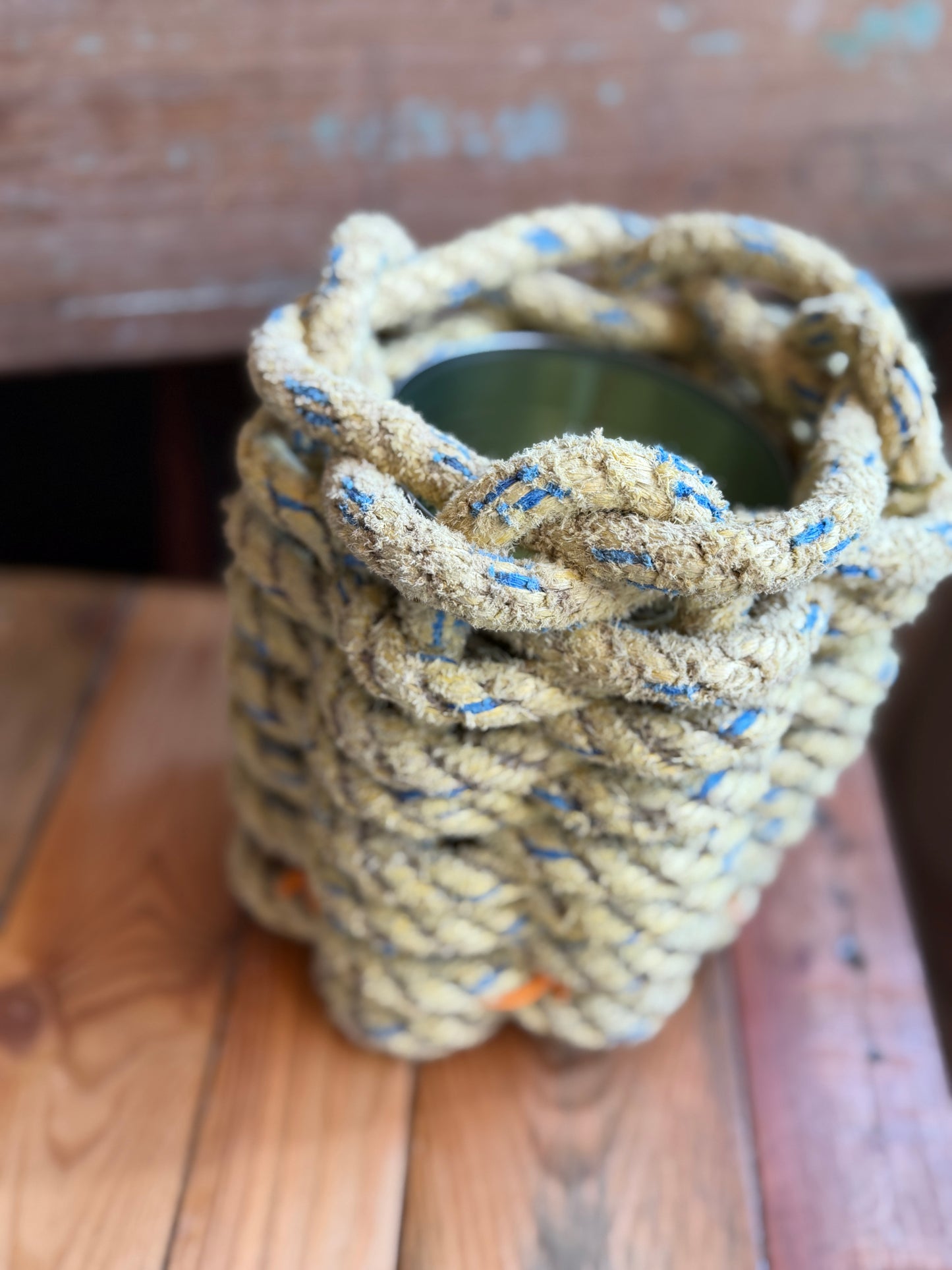 Hand-woven upcycled crab pot rope plant pot/utensil baskets