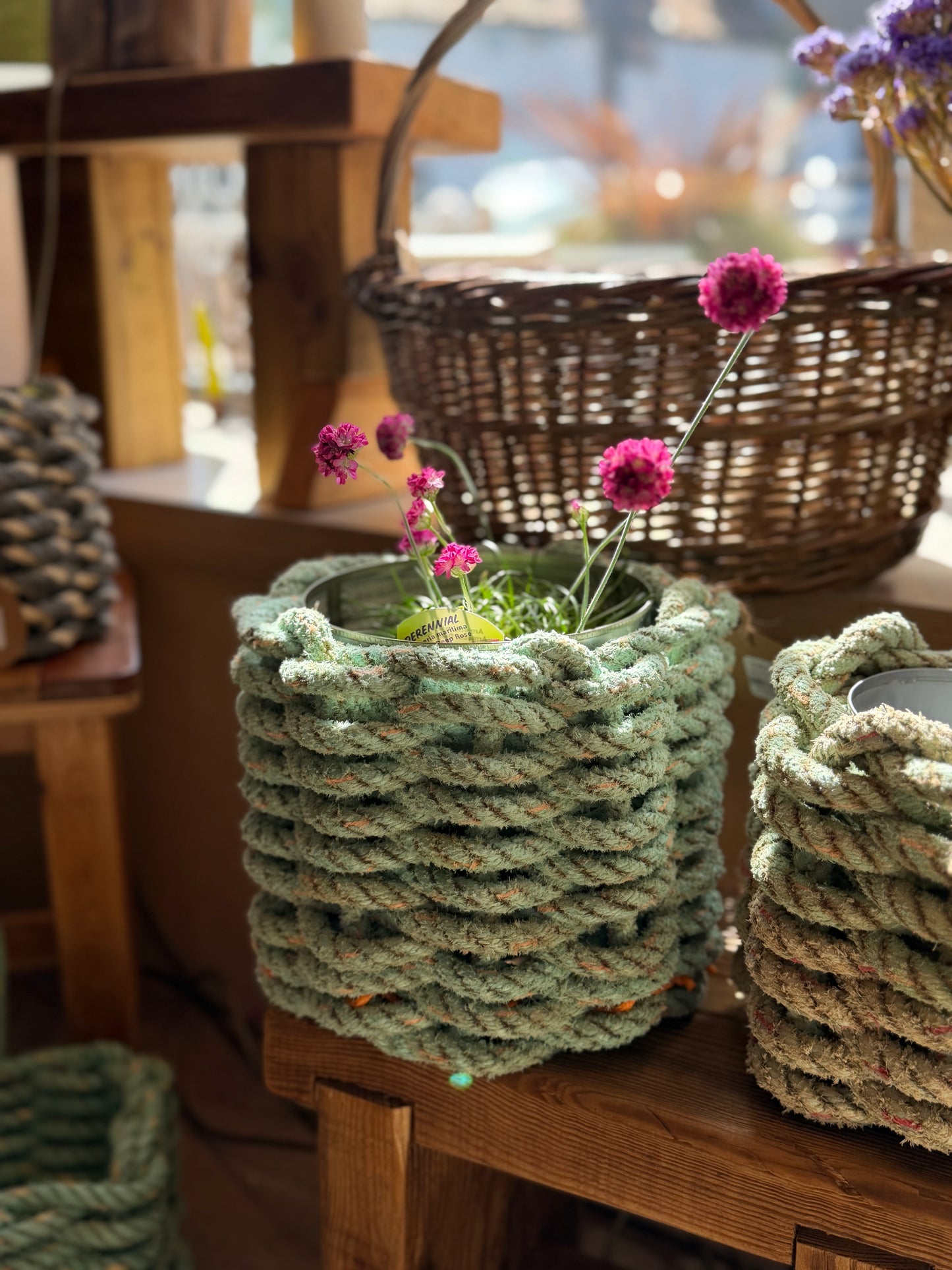 Hand-woven upcycled crab pot rope plant pot/utensil baskets