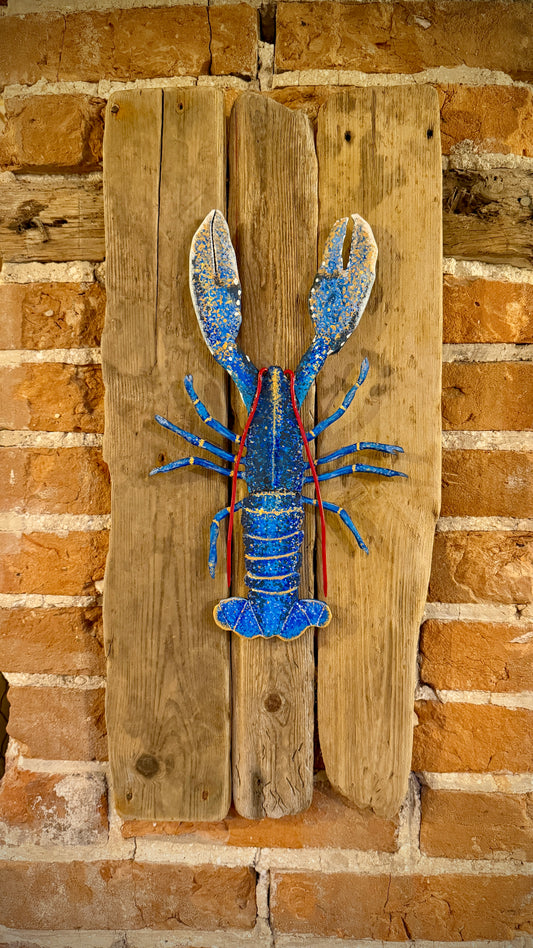 Hand-Painted lobster shadow-mounted on driftwood