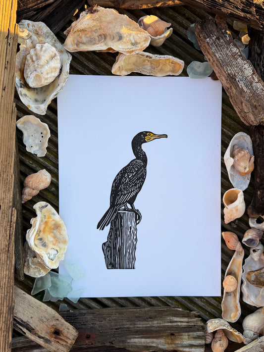 Cormorant - original linocut print 11x15inch