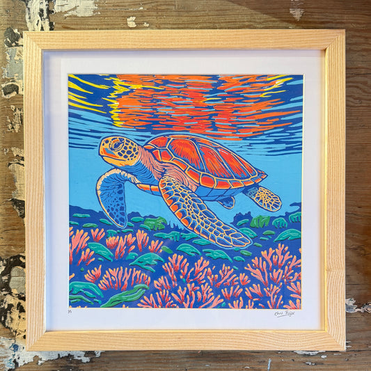 Swimming turtle - original linocut print