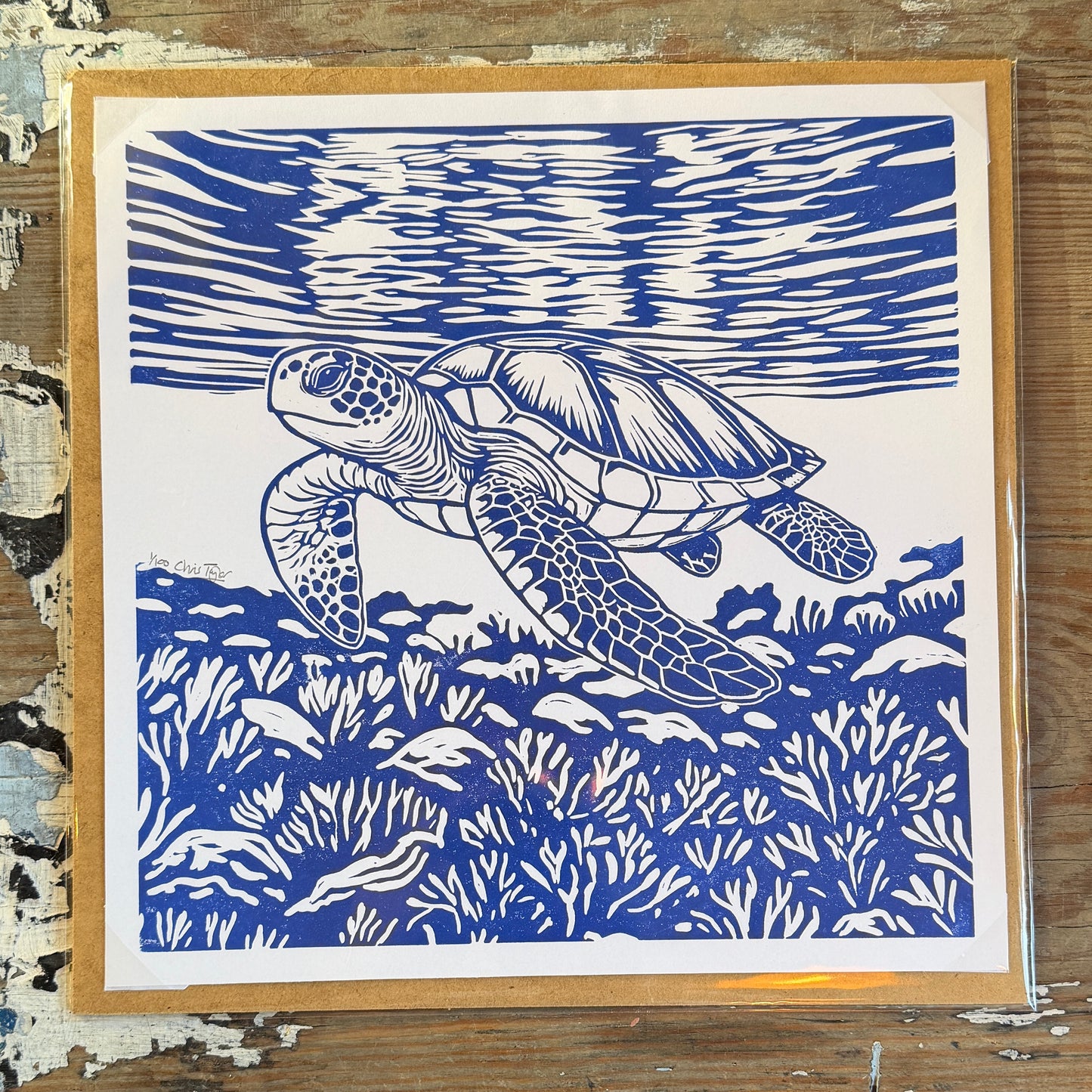Swimming turtle - original linocut print
