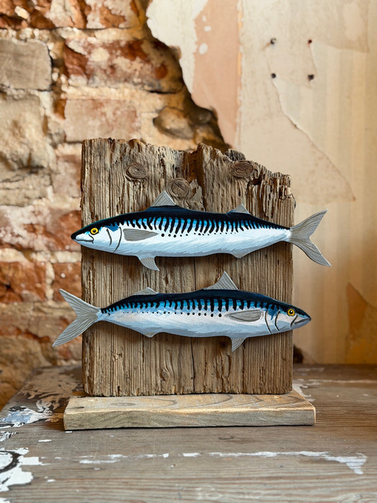 Painted mackerel & driftwood bookends/shelf ornaments