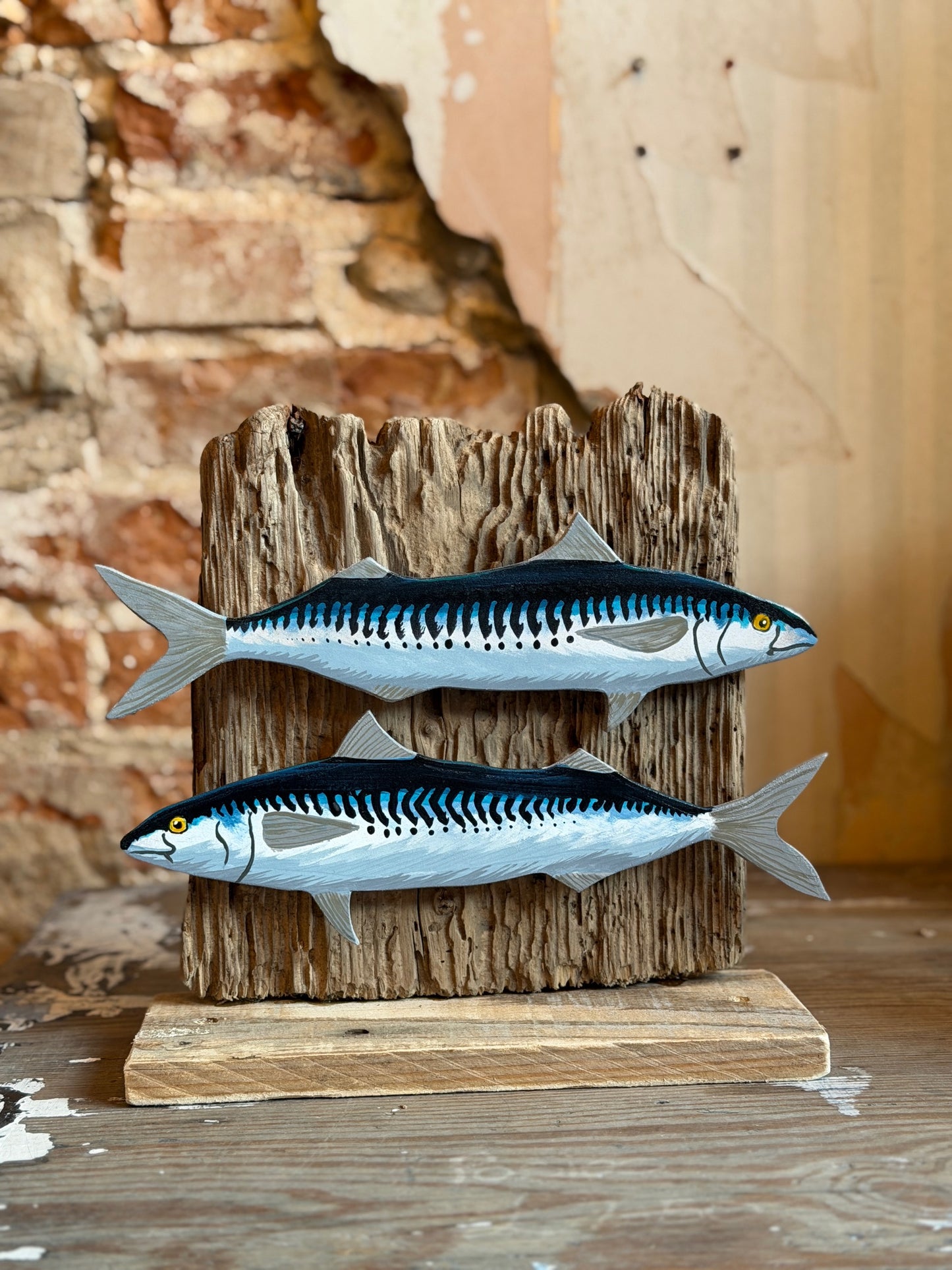 Painted mackerel & driftwood bookends/shelf ornaments