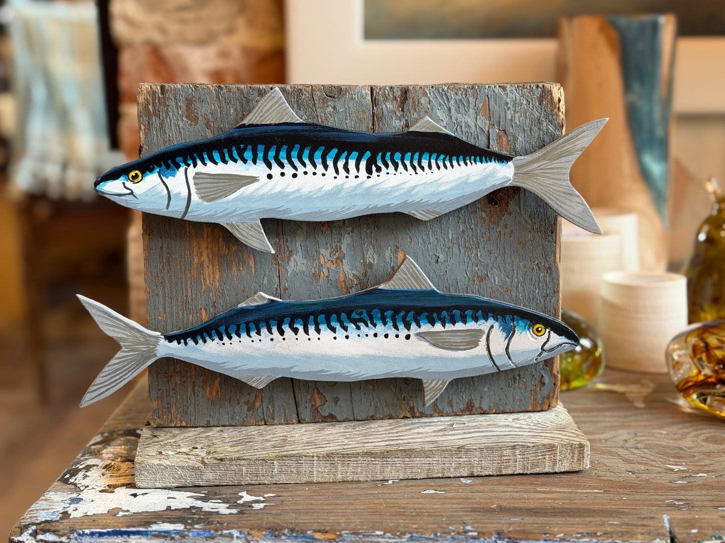 Painted mackerel & driftwood bookends/shelf ornaments