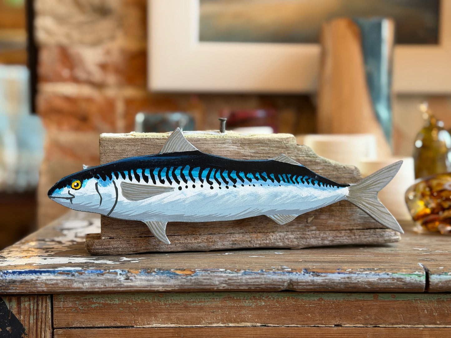 Painted mackerel & driftwood bookends/shelf ornaments