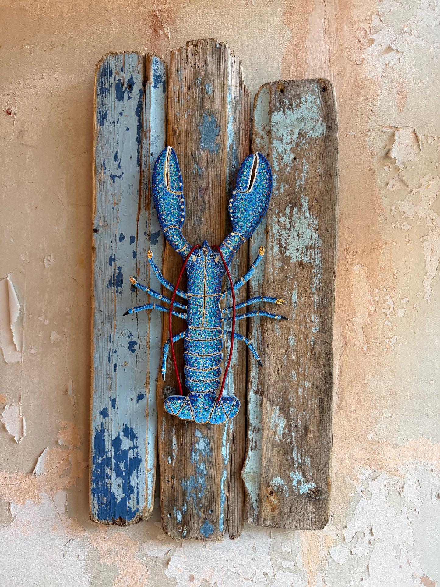 Hand-Painted lobster shadow-mounted on driftwood
