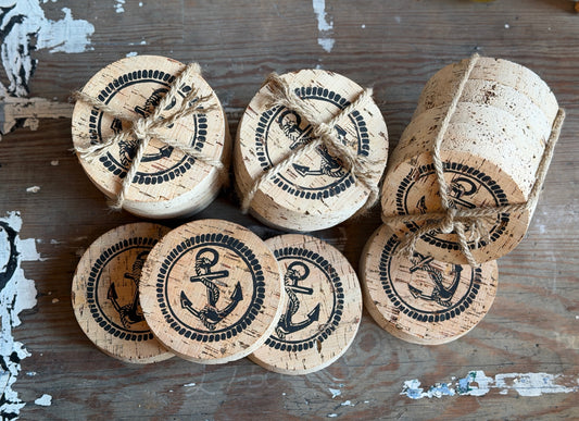 Upcycled cork drink coasters with hand-printed anchor design