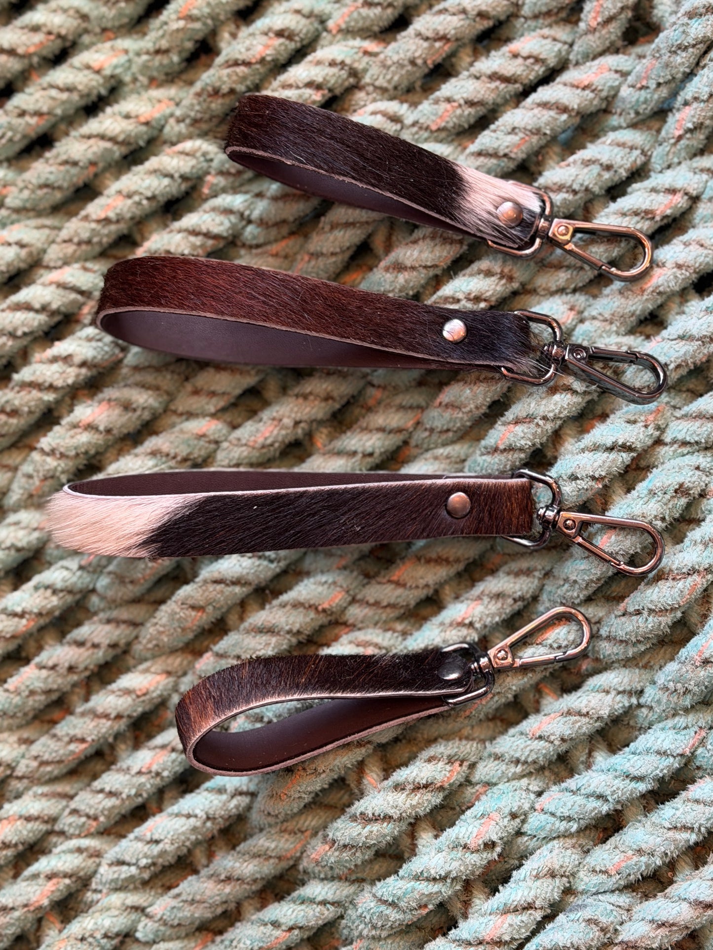 Handmade Hair on Cowhide Leather Keyrings & Belt Loops