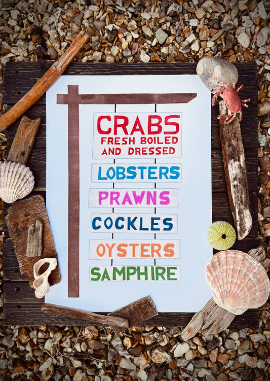 Blakeney seafood sign A3 - handprinted linocut