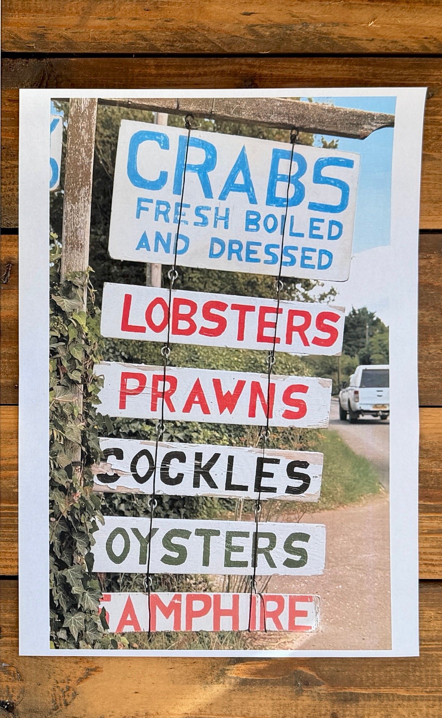 Blakeney seafood sign A3 - handprinted linocut