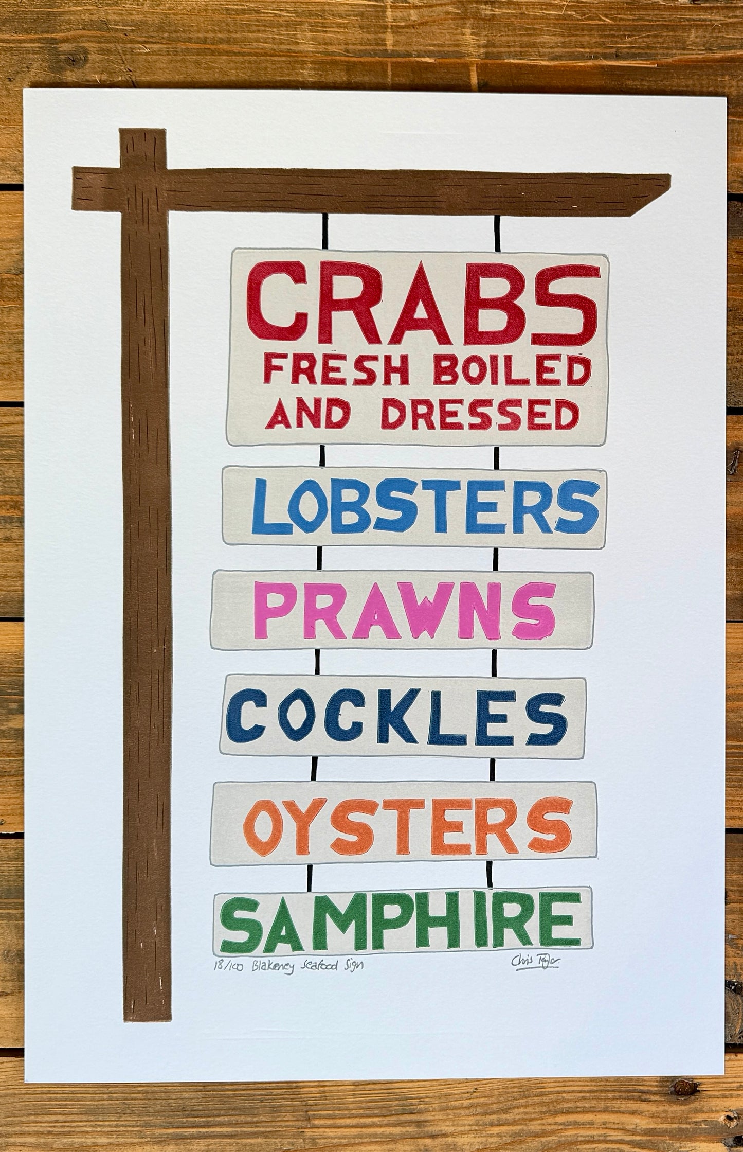 Blakeney seafood sign A3 - handprinted linocut