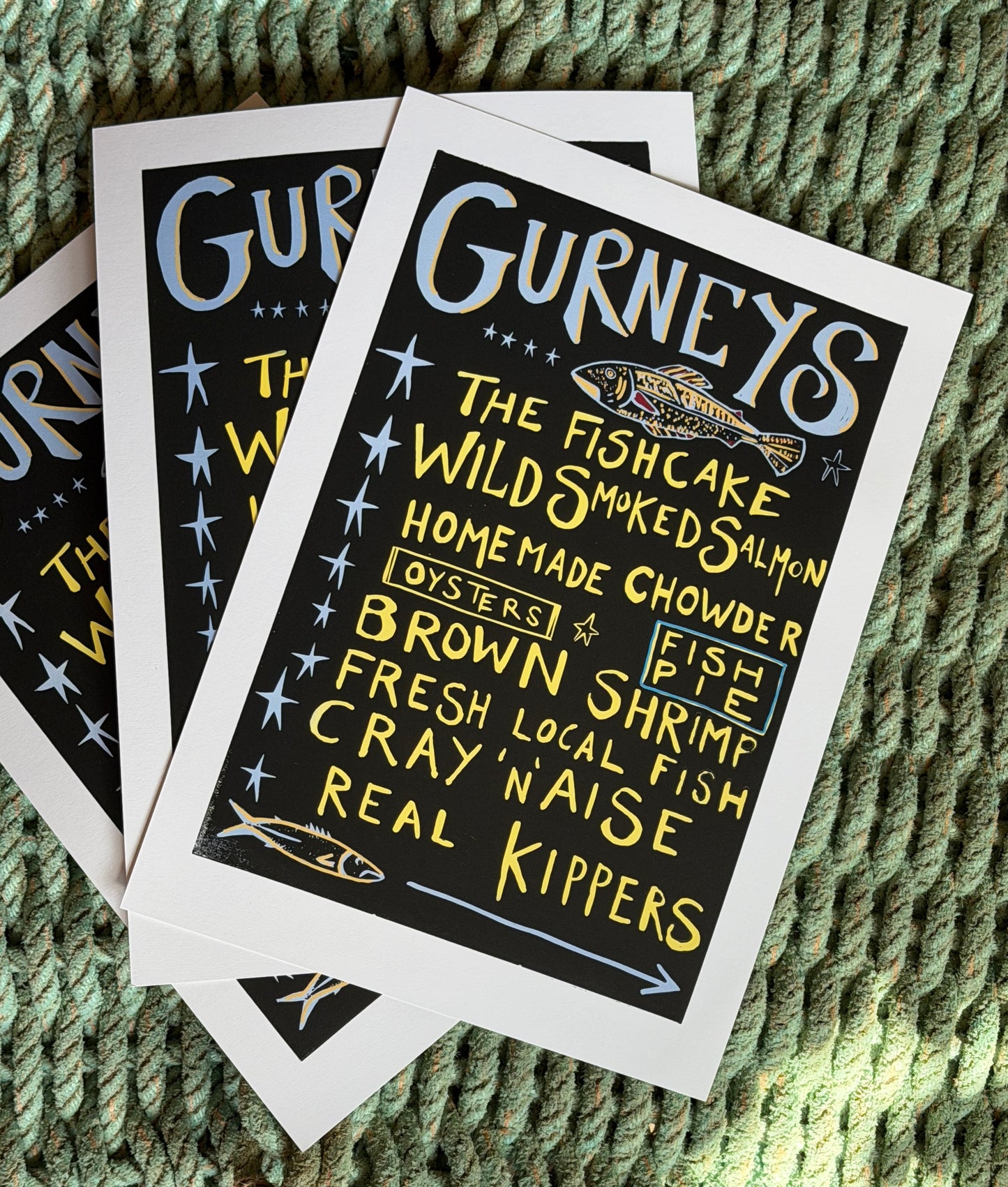 Gurneys Fish Shop sign A3 - handprinted linocut