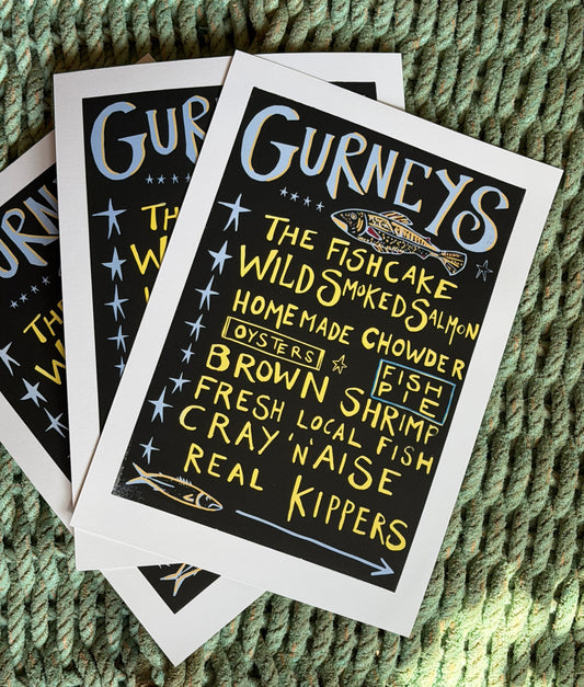 Gurneys Fish Shop sign A3 - handprinted linocut