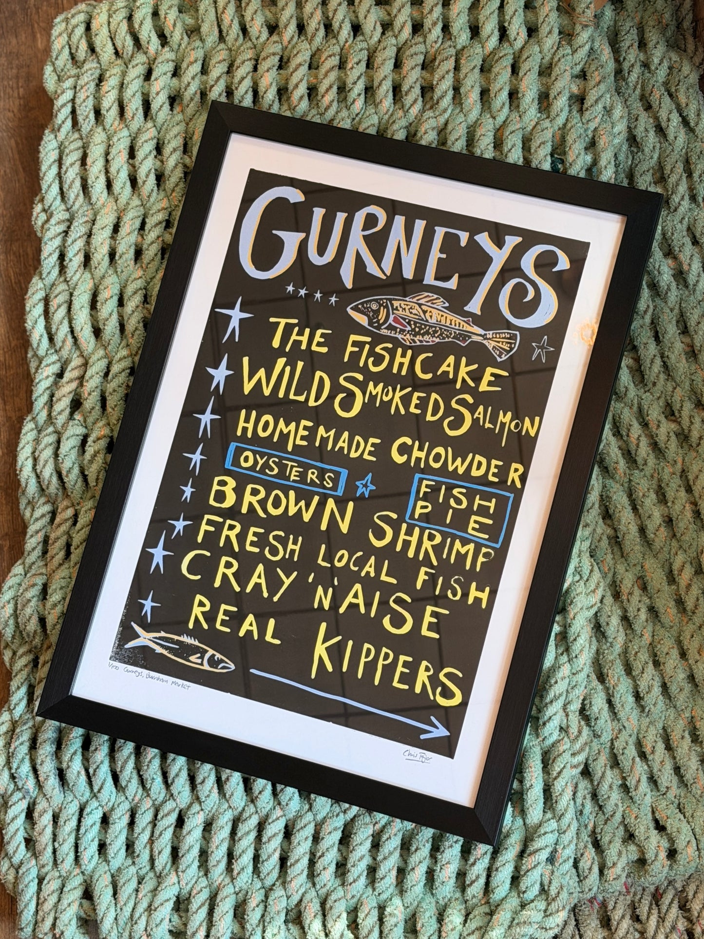 Gurneys Fish Shop sign A3 - handprinted linocut