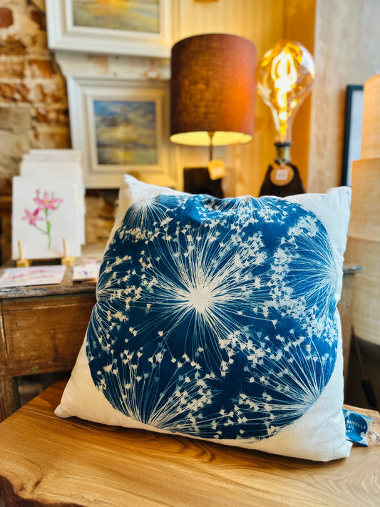 Square Cyanotype Print-Cow Allium Heads Cushion