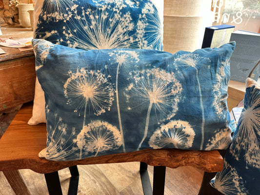 Sm oblong Cyanotype Print-Cow Allium Heads Cushion