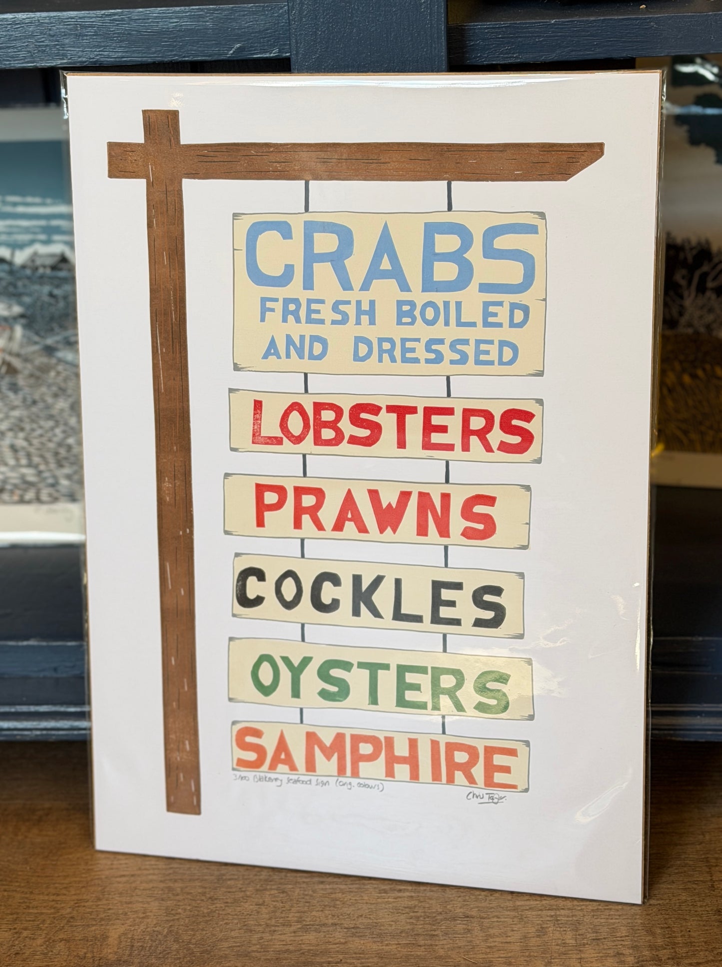 Blakeney seafood sign A3 - handprinted linocut