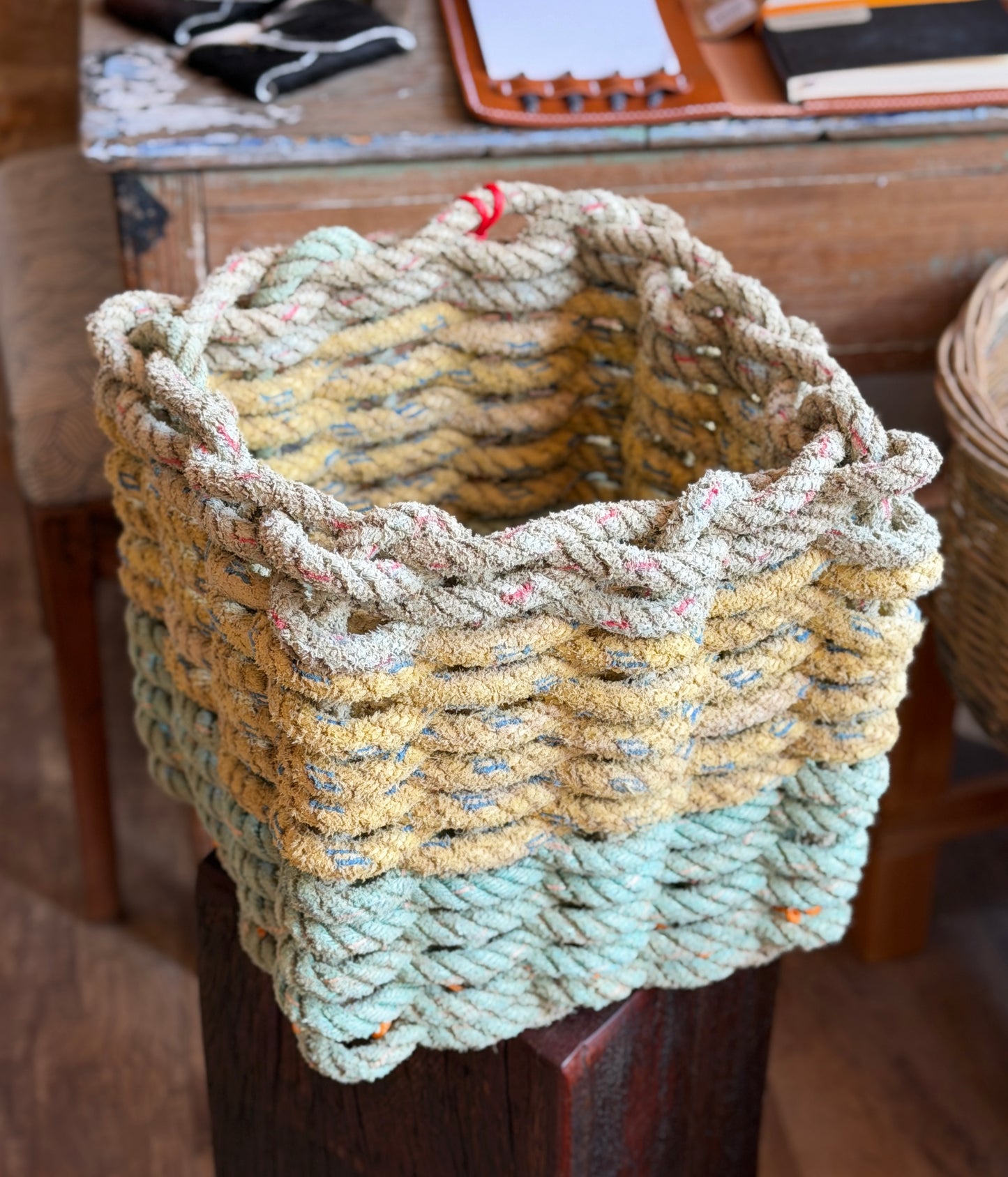 Hand-woven upcycled crab pot rope plant pot/utensil baskets