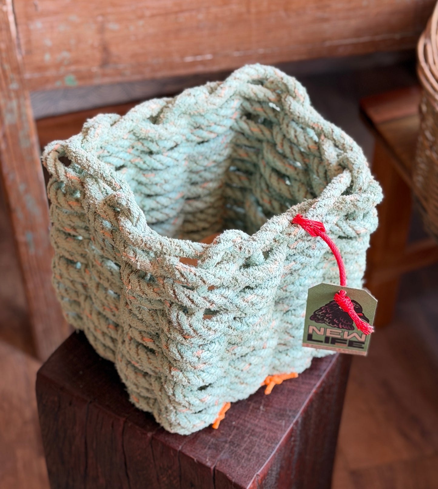 Hand-woven upcycled crab pot rope plant pot/utensil baskets