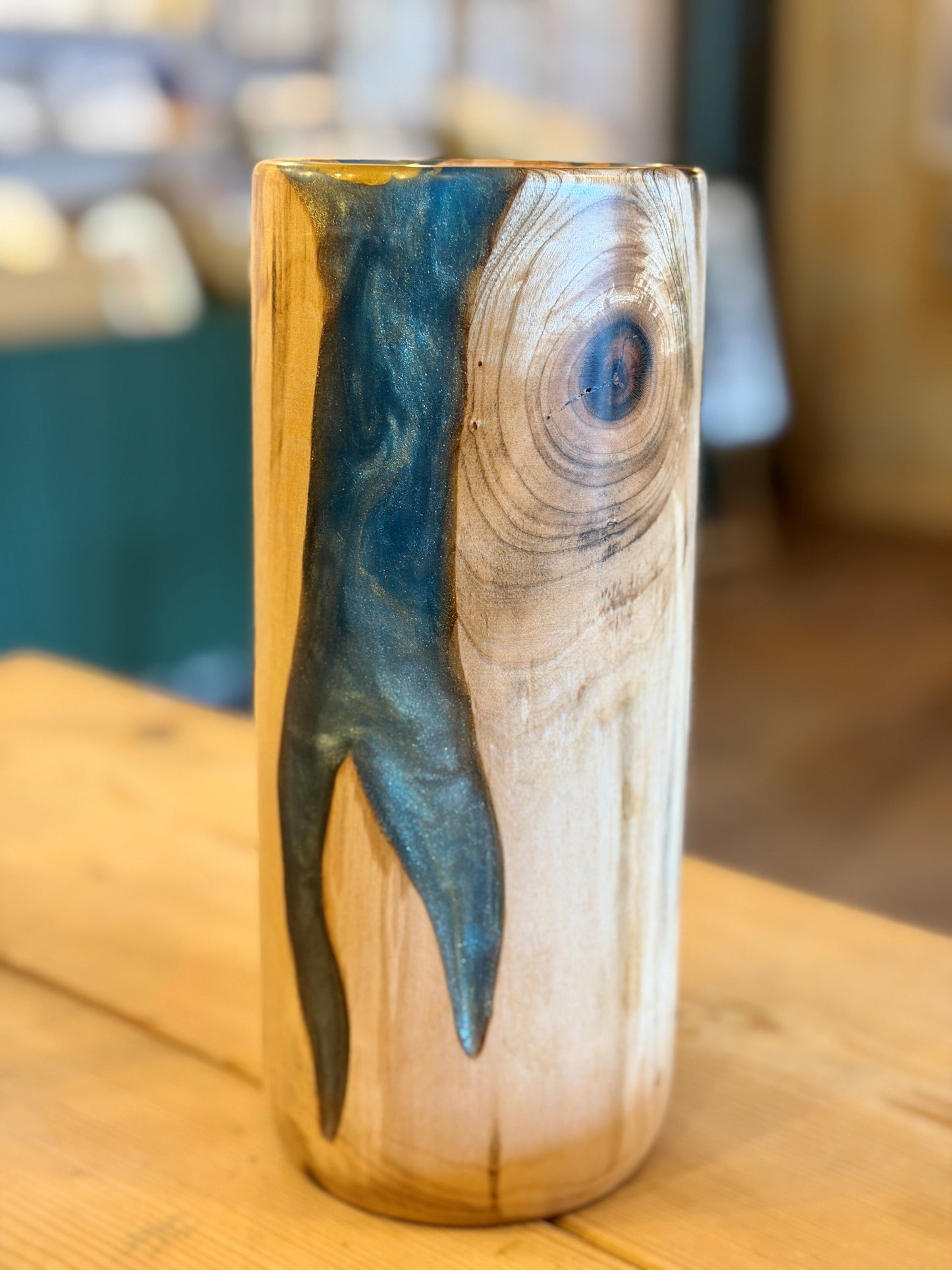 Beech Wood & Blue Resin Vase