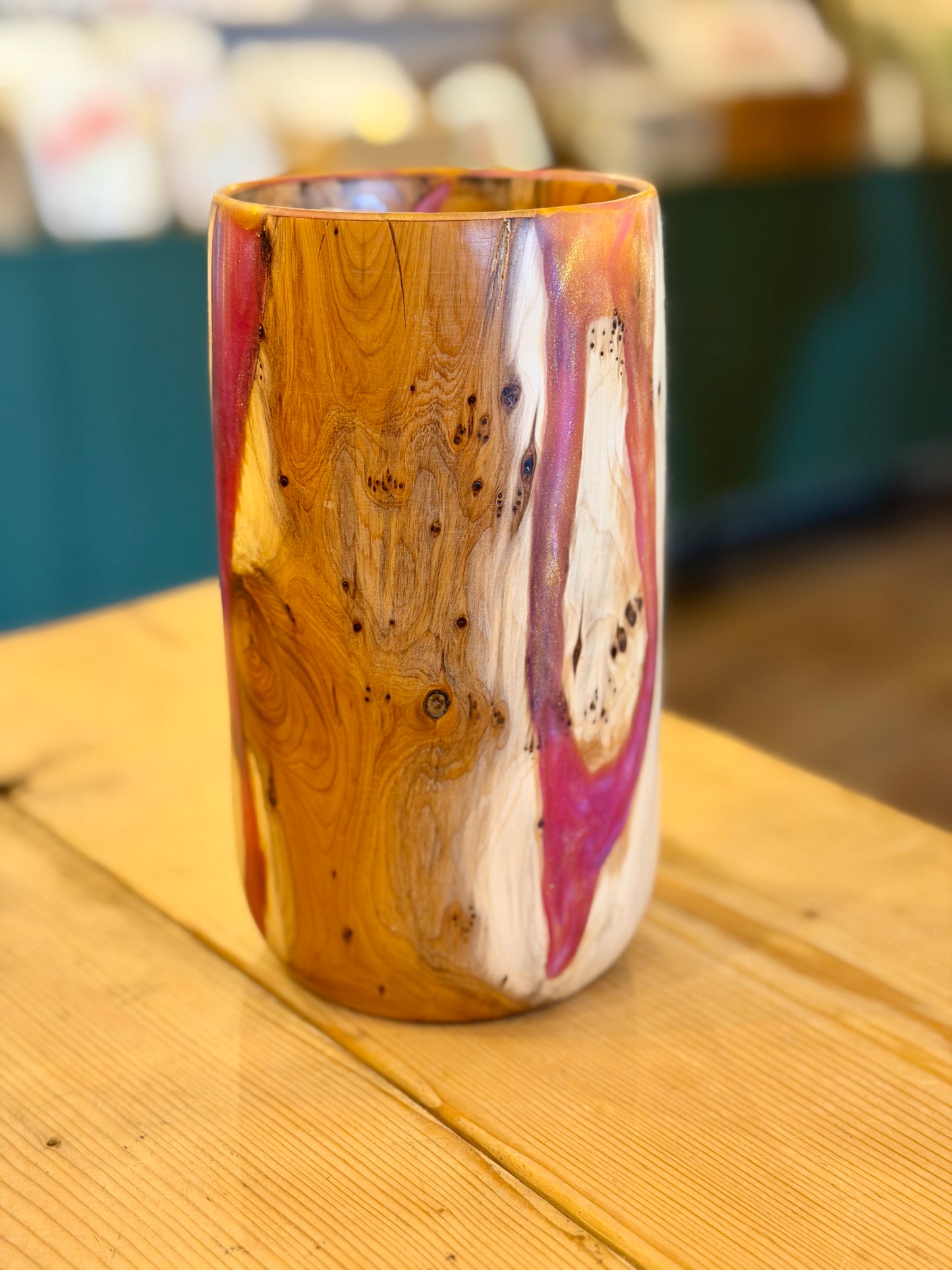 Yew Wood & Pink Resin Vase