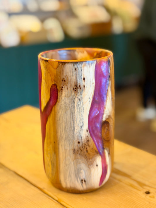 Yew Wood & Pink Resin Vase