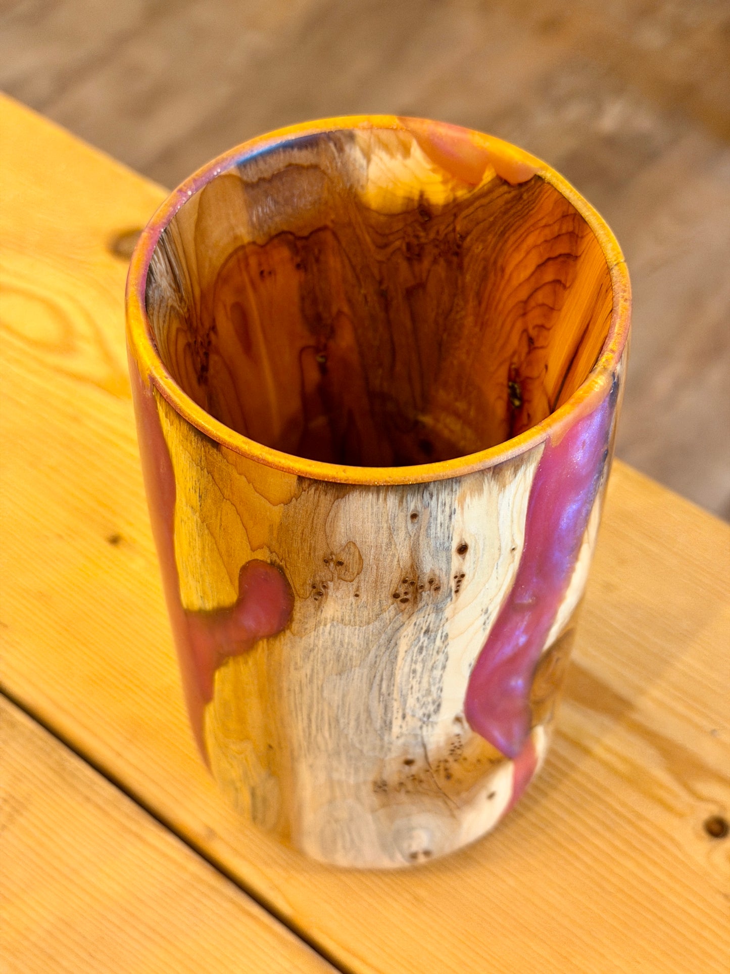 Yew Wood & Pink Resin Vase