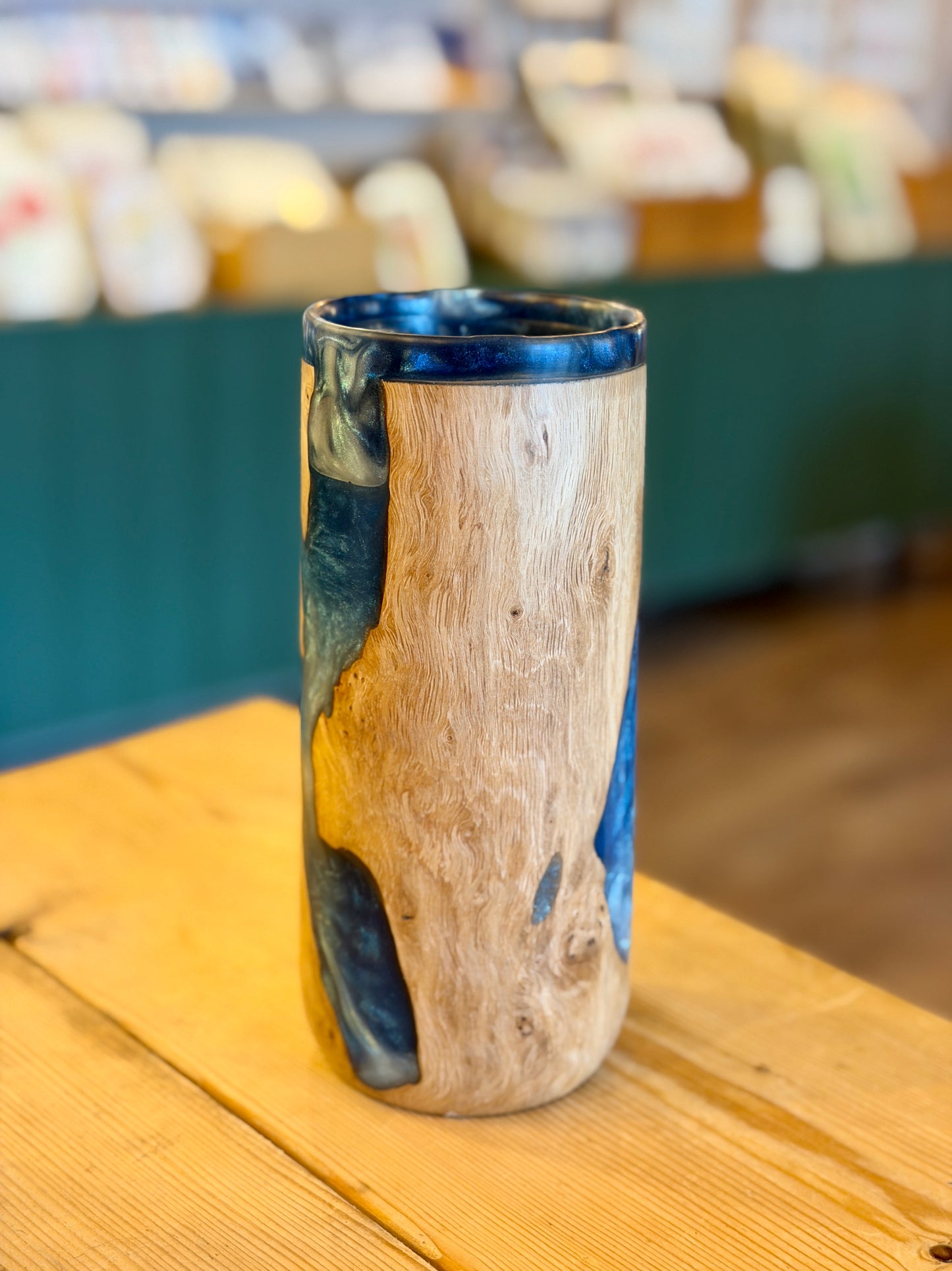 Burr Oak Wood & Blue Resin Vase