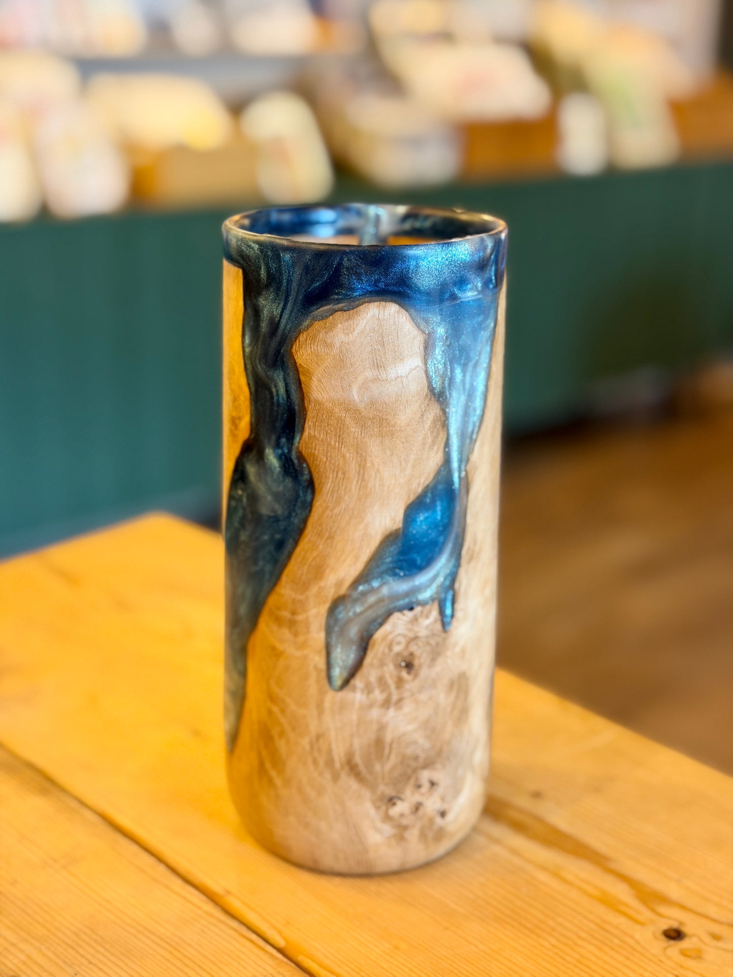 Burr Oak Wood & Blue Resin Vase