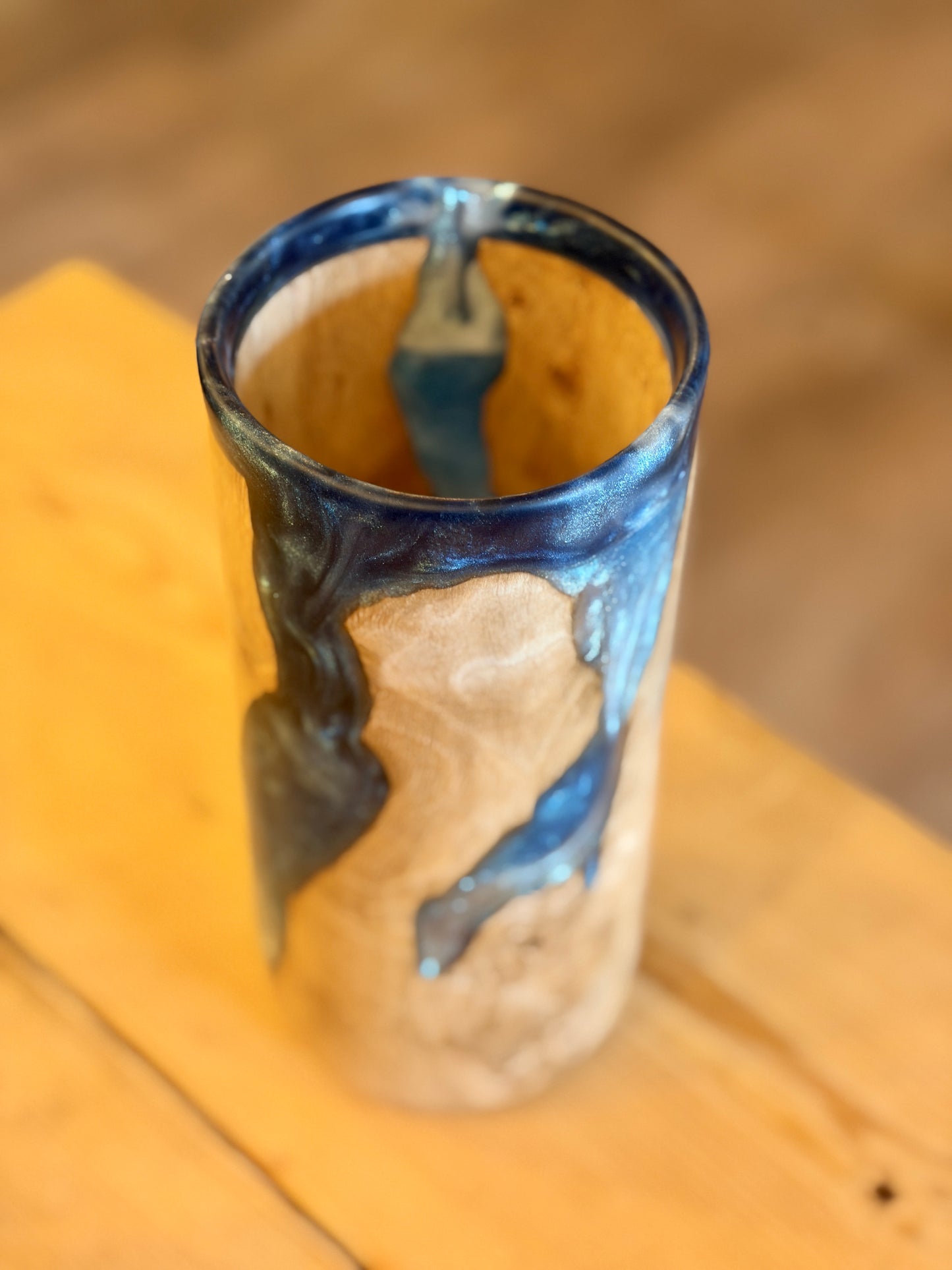 Burr Oak Wood & Blue Resin Vase